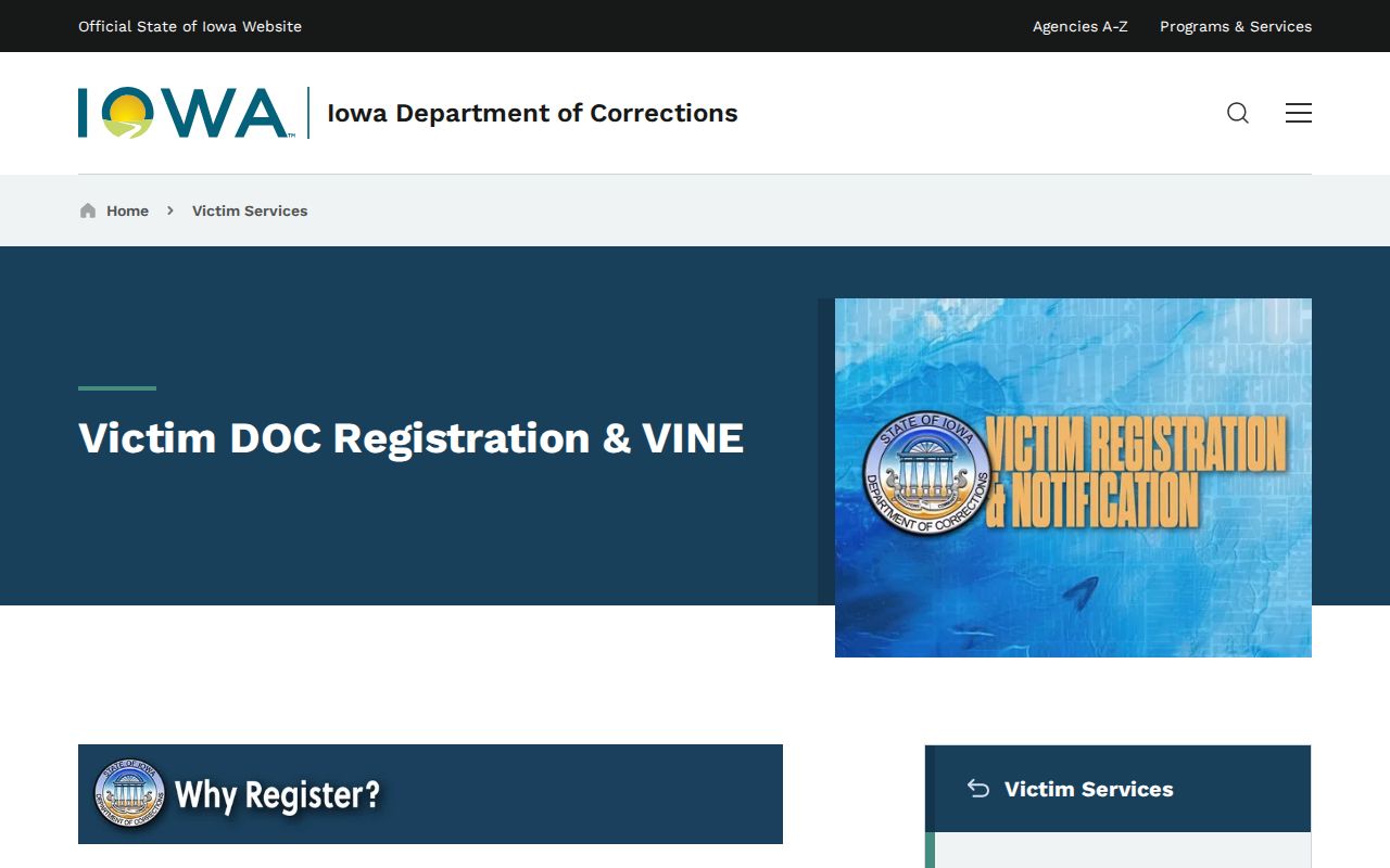 Iowa Department of Corrections VINE registration and coverage page