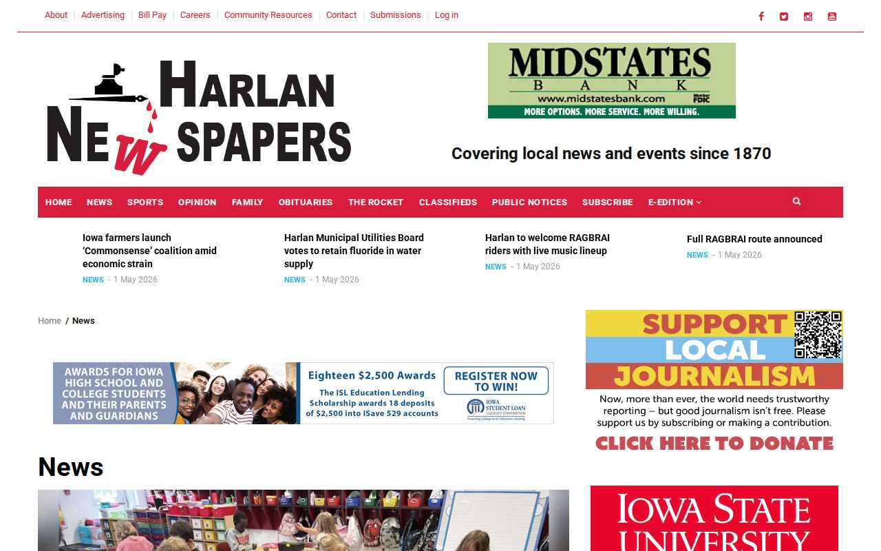 Harlan Online news section with local Shelby County coverage